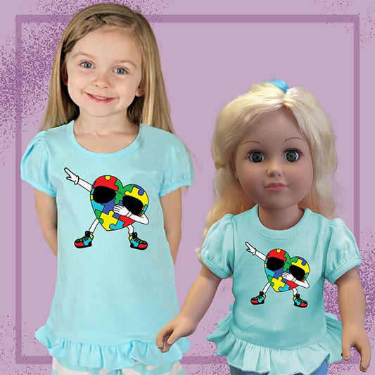 Dabbing Autism Heart, 18" Doll Ruffle Tee Bundle