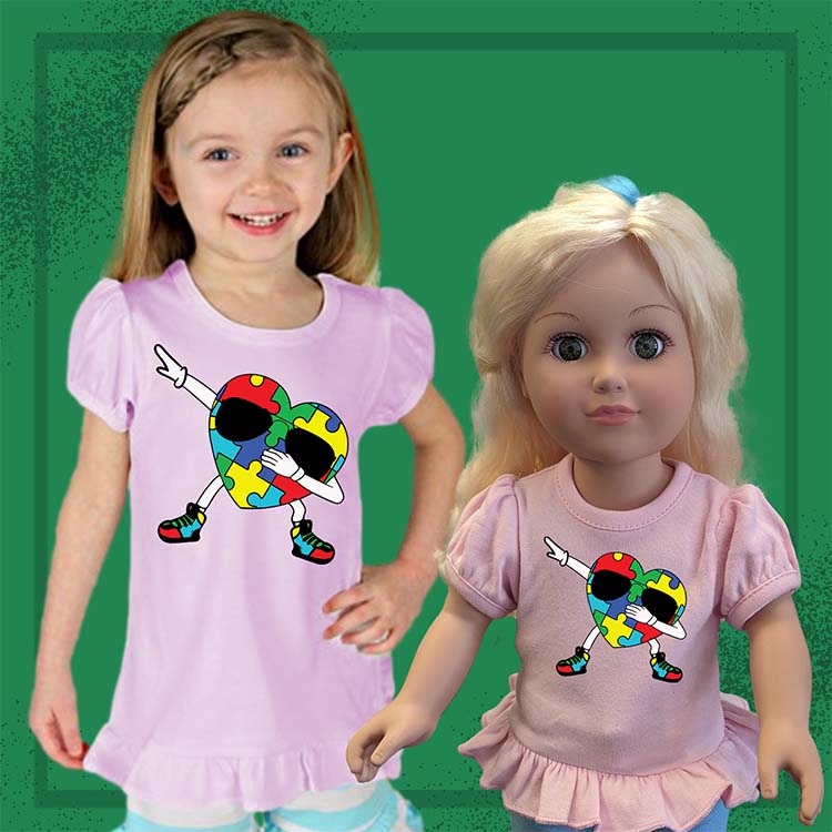 Dabbing Autism Heart, 18" Doll Ruffle Tee Bundle