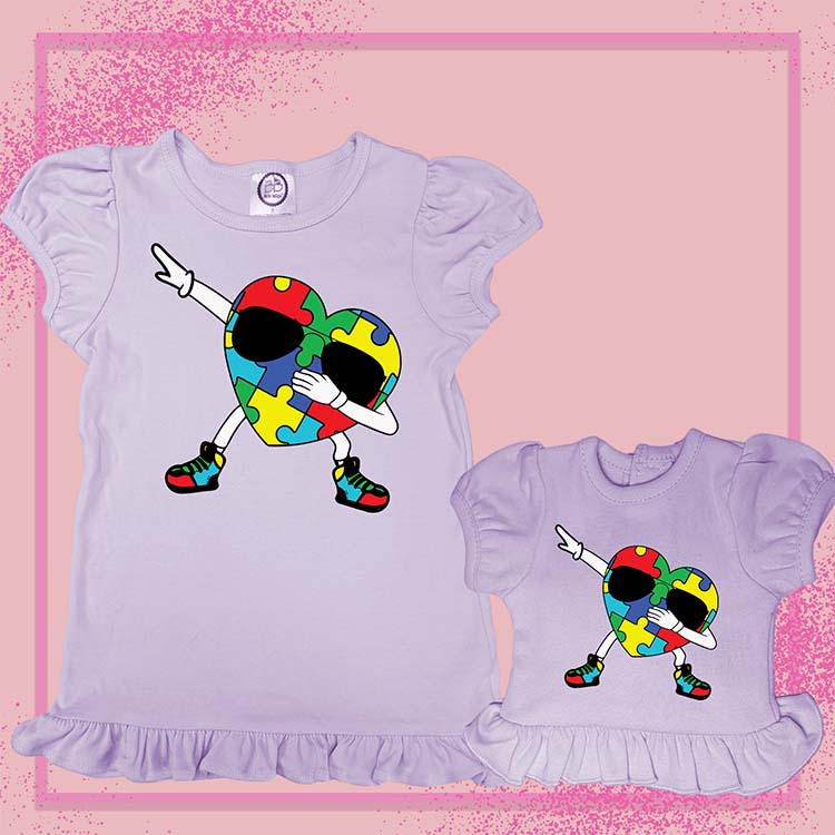 Dabbing Autism Heart, 18" Doll Ruffle Tee Bundle