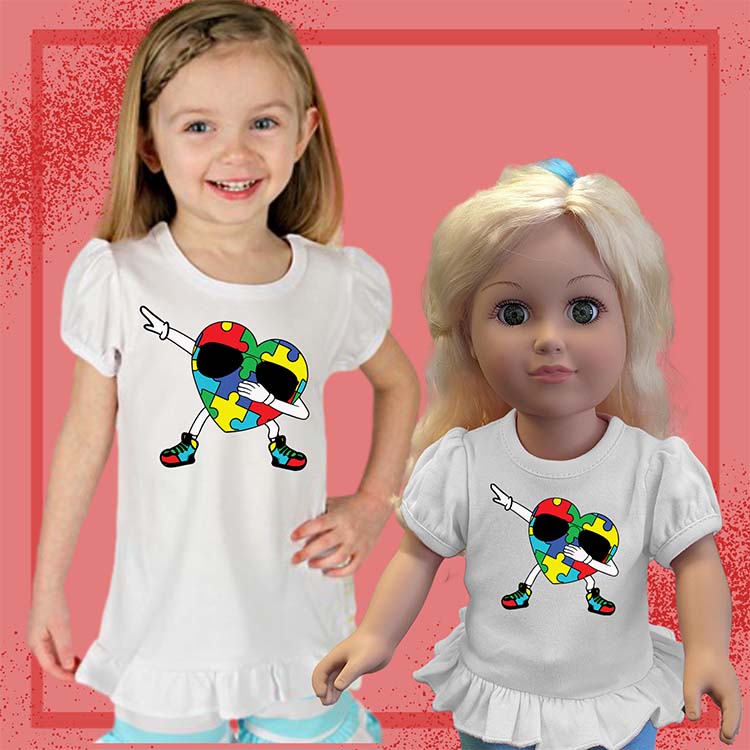 Dabbing Autism Heart, 18" Doll Ruffle Tee Bundle