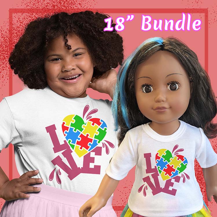 Autism Love Heart, 18" Doll Regular Tee Bundle