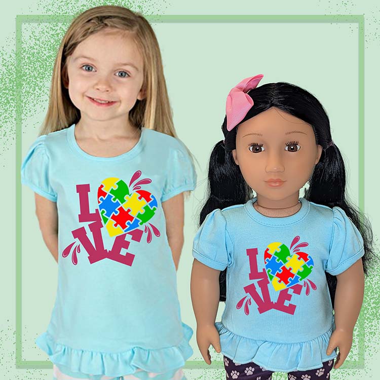 Autism Love Heart, 18" Doll Ruffle Tee Bundle