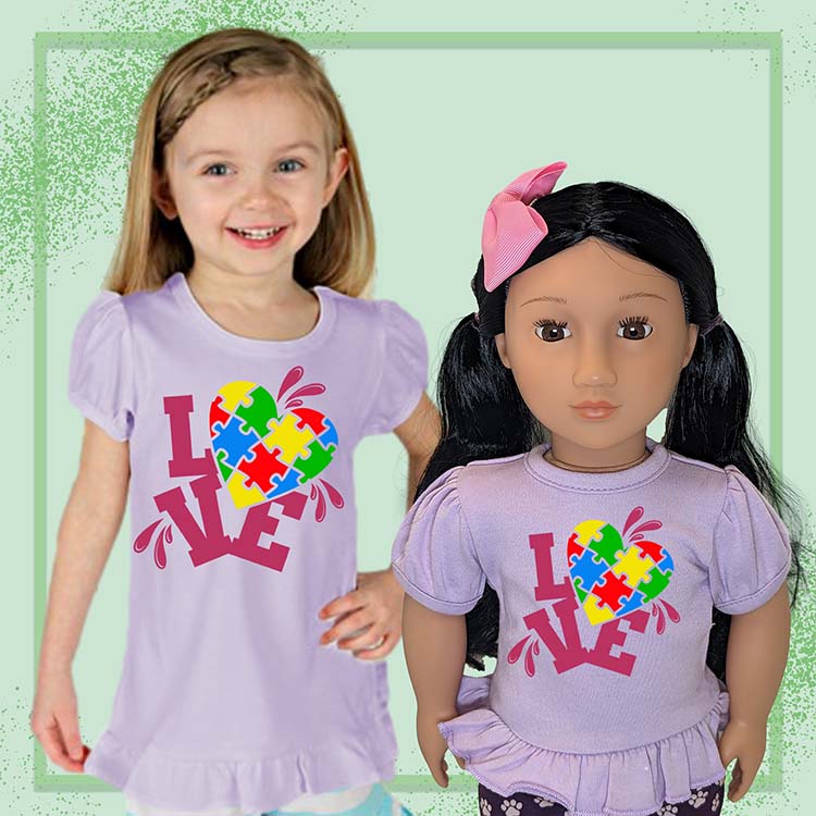 Autism Love Heart, 18" Doll Ruffle Tee Bundle