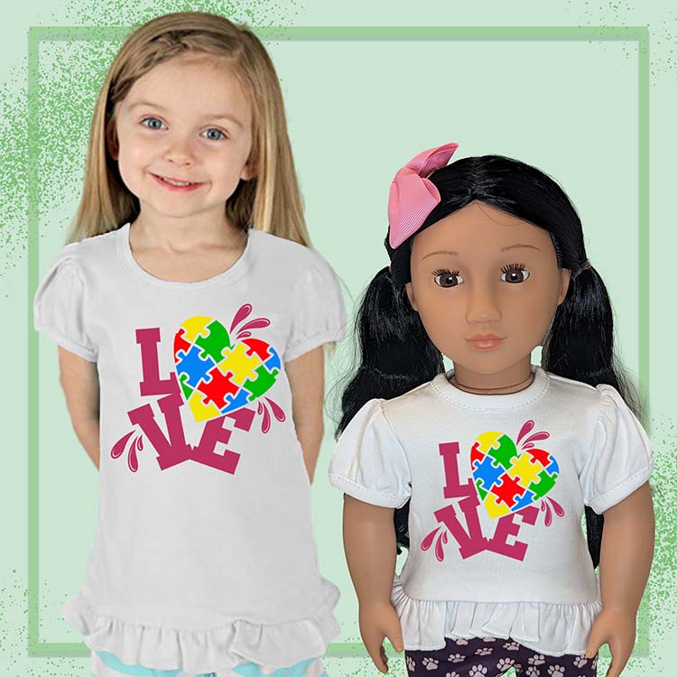 Autism Love Heart, 18" Doll Ruffle Tee Bundle