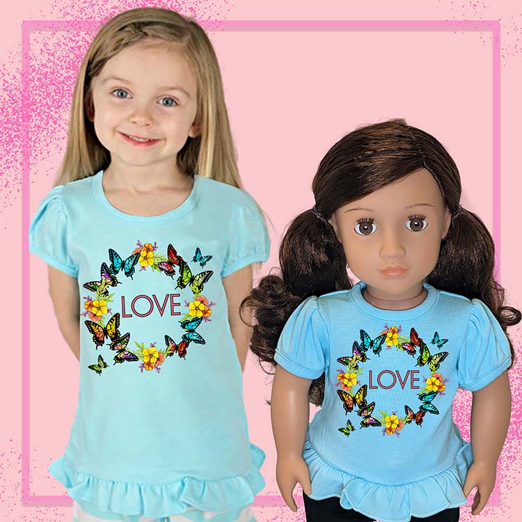 Butterfly Love, 18" Doll Ruffle Tee Bundle