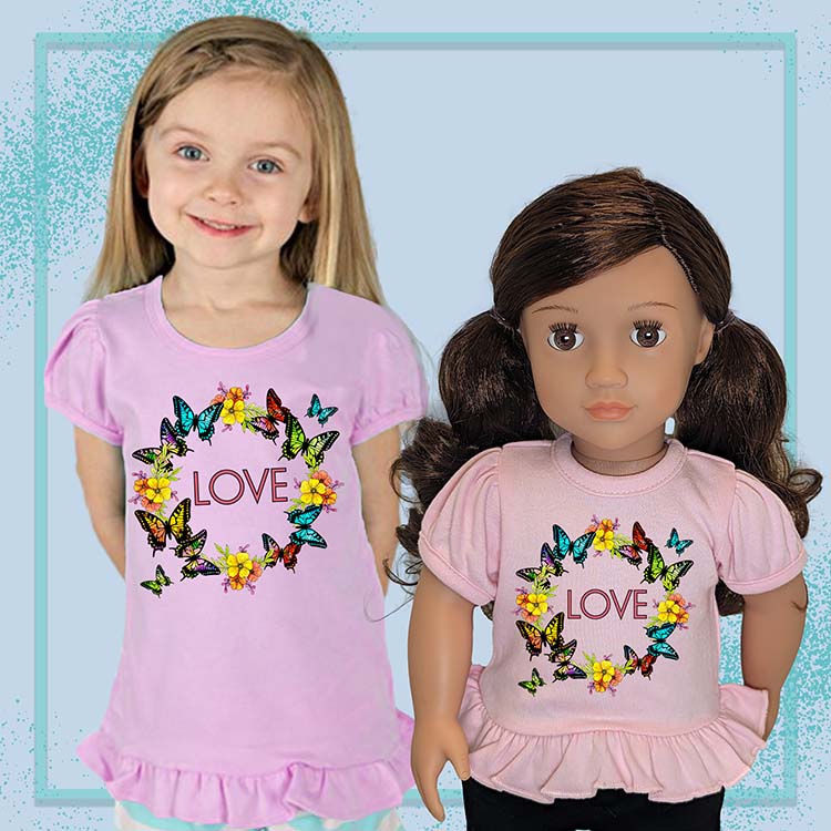 Butterfly Love, 18" Doll Ruffle Tee Bundle