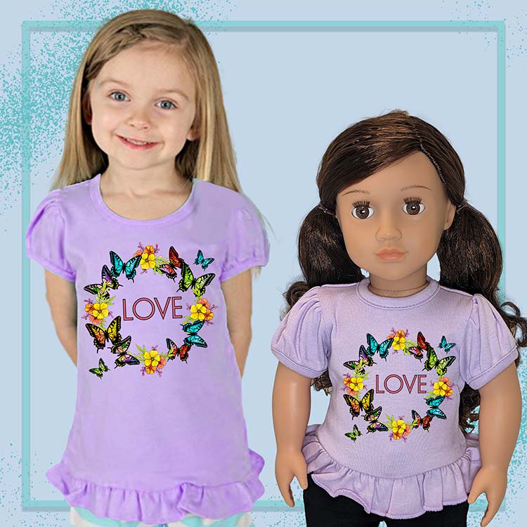 Butterfly Love, 18" Doll Ruffle Tee Bundle