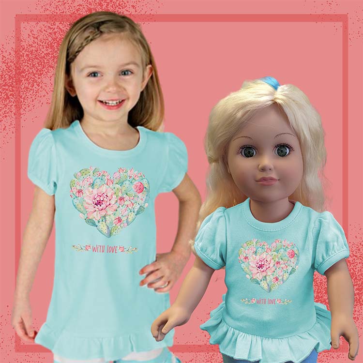 Cactus Heart, 18" Doll Ruffle Tee Bundle