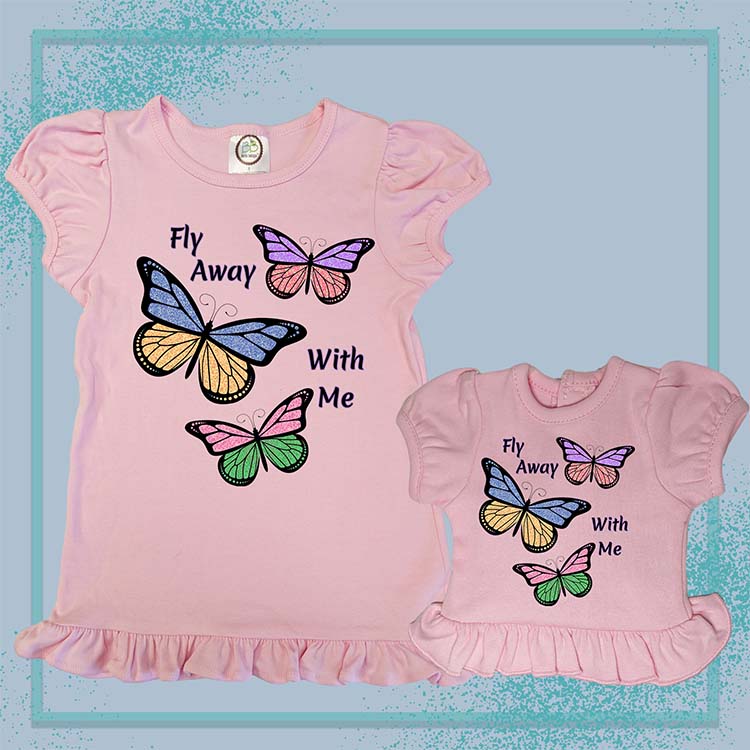 Fly Away With Me Butterflies, Extra Ruffle Girl's & Doll Shirts