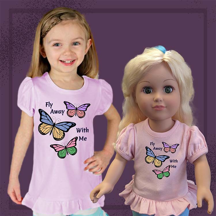 Fly Away With Me Butterflies, 18" Doll Ruffle Tee Bundle