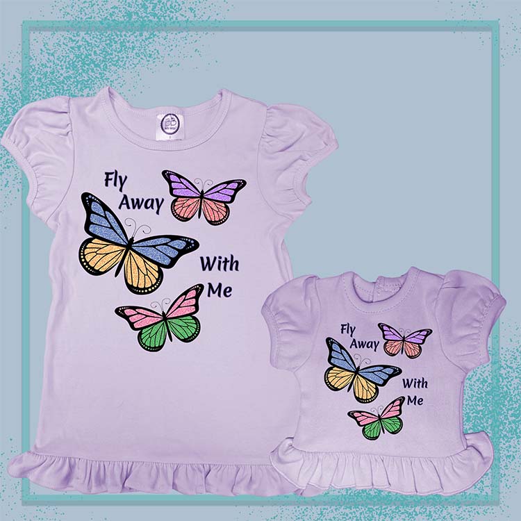 Fly Away With Me Butterflies, Extra Ruffle Girl's & Doll Shirts