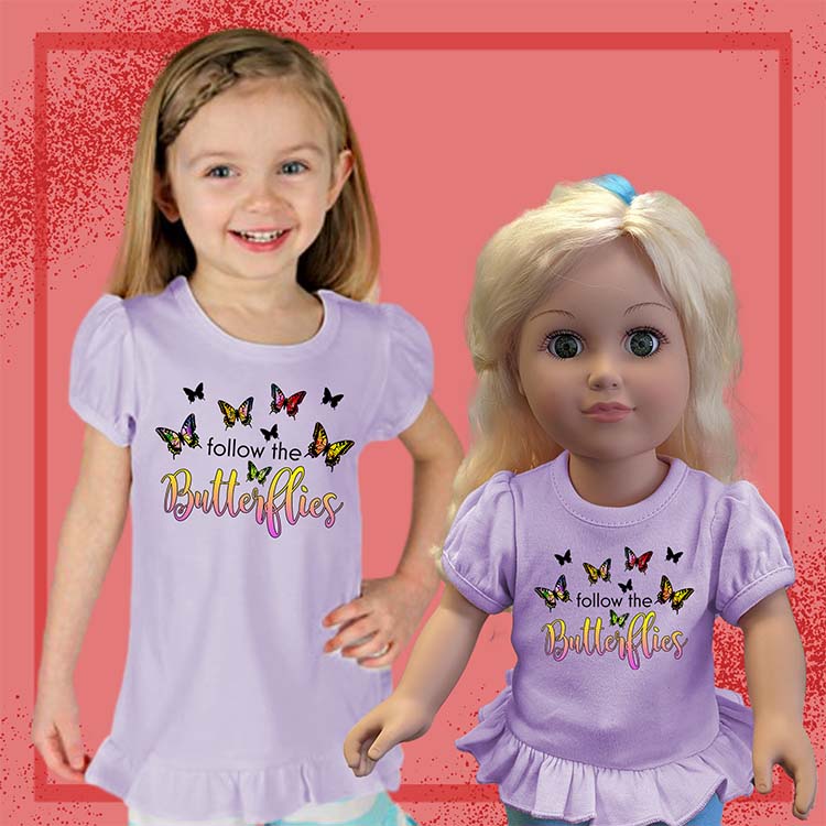 Follow The Butterflies, 18" Doll Ruffle Tee Bundle