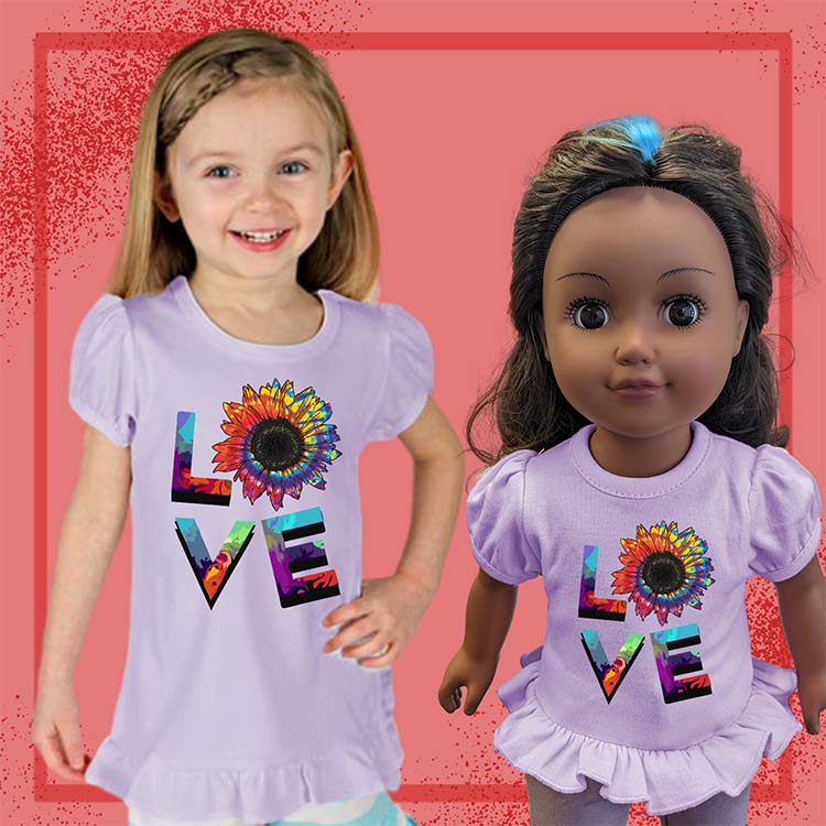 Love Sunflower, 18" Doll Ruffle Tee Bundle