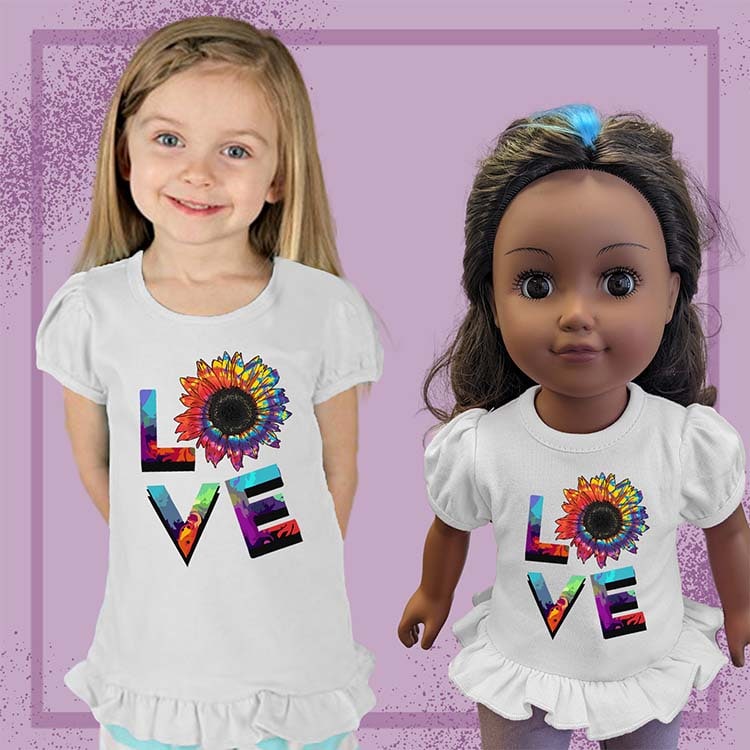 Love Sunflower, 18" Doll Ruffle Tee Bundle