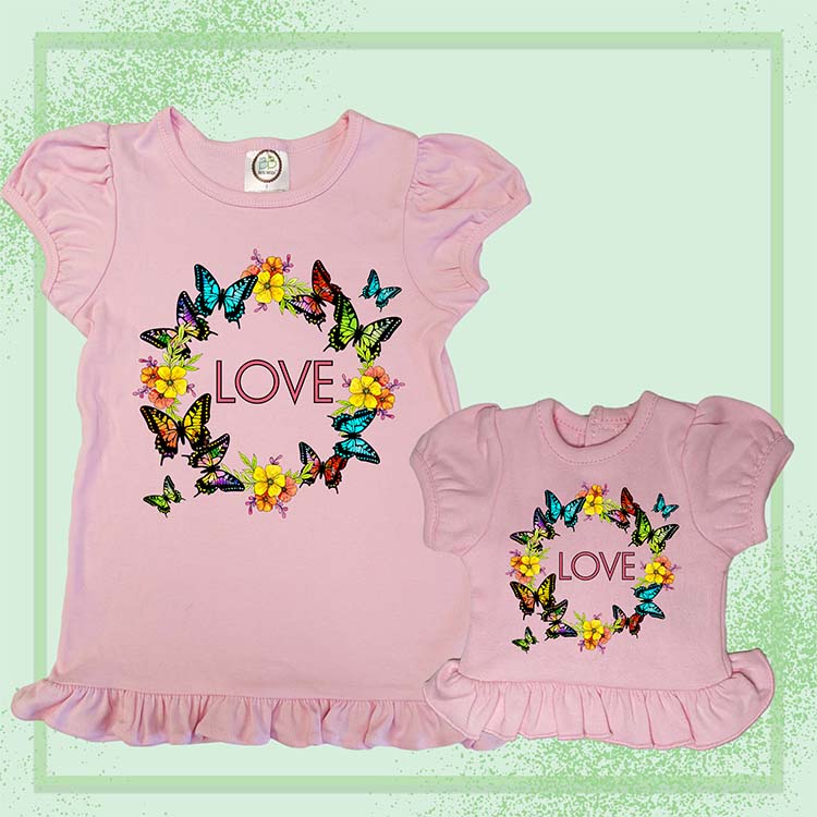 Butterfly Love, Extra Ruffle Girl's & Doll Shirts