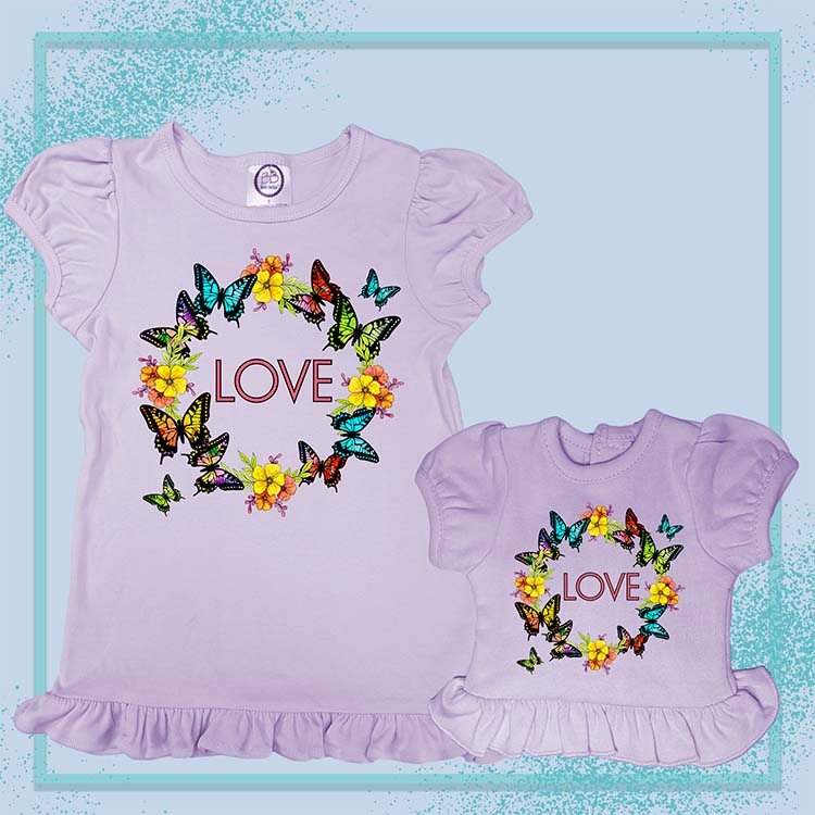 Butterfly Love, Extra Ruffle Girl's & Doll Shirts