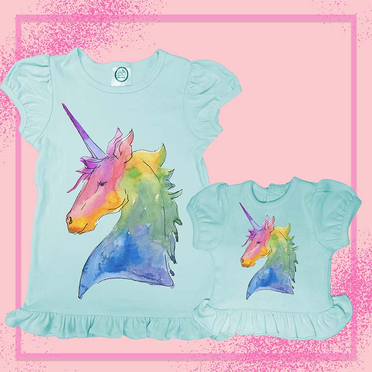 Rainbow Unicorn, Extra Ruffle Girl's & Doll Shirts