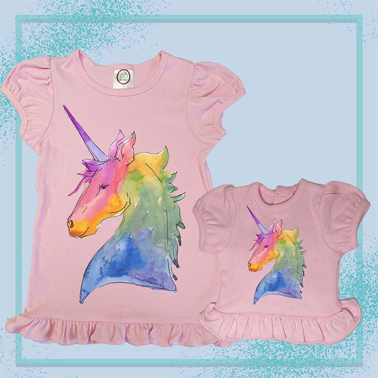 Rainbow Unicorn, Extra Ruffle Girl's & Doll Shirts