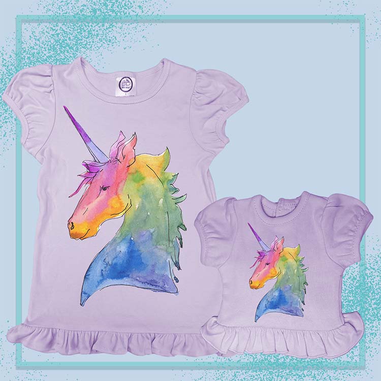 Rainbow Unicorn, Extra Ruffle Girl's & Doll Shirts