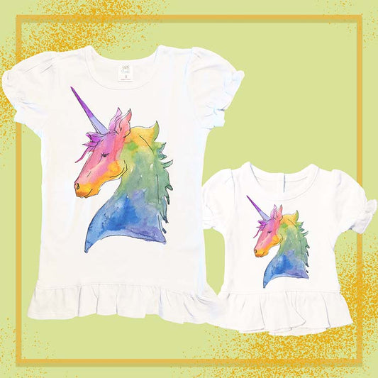 Rainbow Unicorn, Extra Ruffle Girl's & Doll Shirts