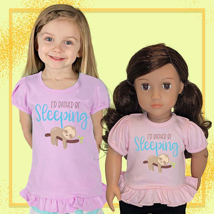 Rather Be Sleeping Sloth, 18" Doll Ruffle Tee Bundle