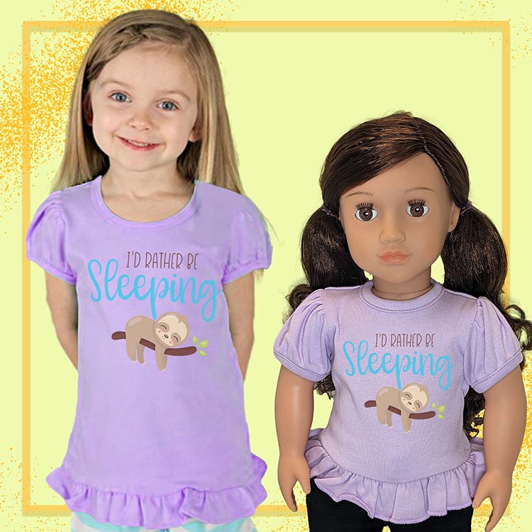 Rather Be Sleeping Sloth, 18" Doll Ruffle Tee Bundle